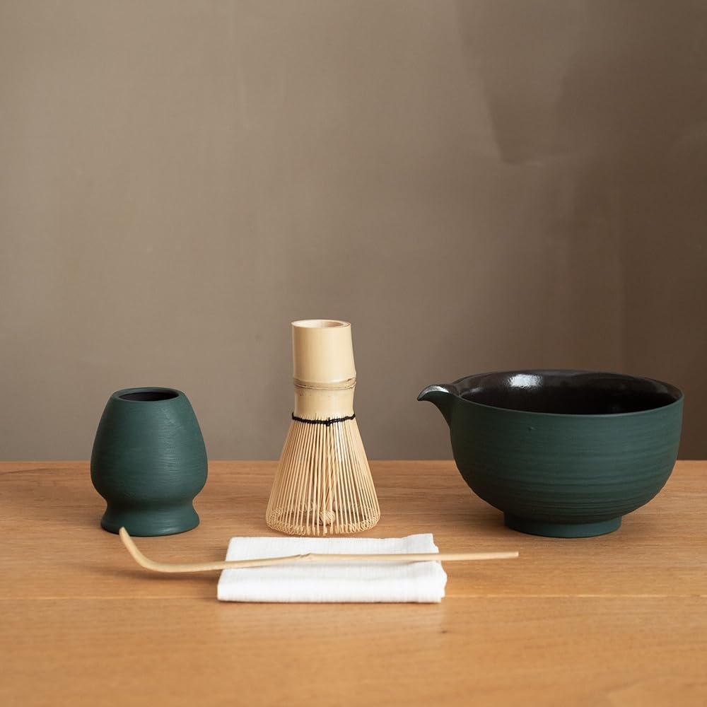 WUSEI 6-pcs Japanese Matcha Whisk Set, Handmade Ceramic Matcha Set with Bowl(Chawan),Bamboo Whisk(Chasen) and Holder, Scoop, Sifter & Tea Towel,Matcha Kit for Ceremony (Turquoise Green)