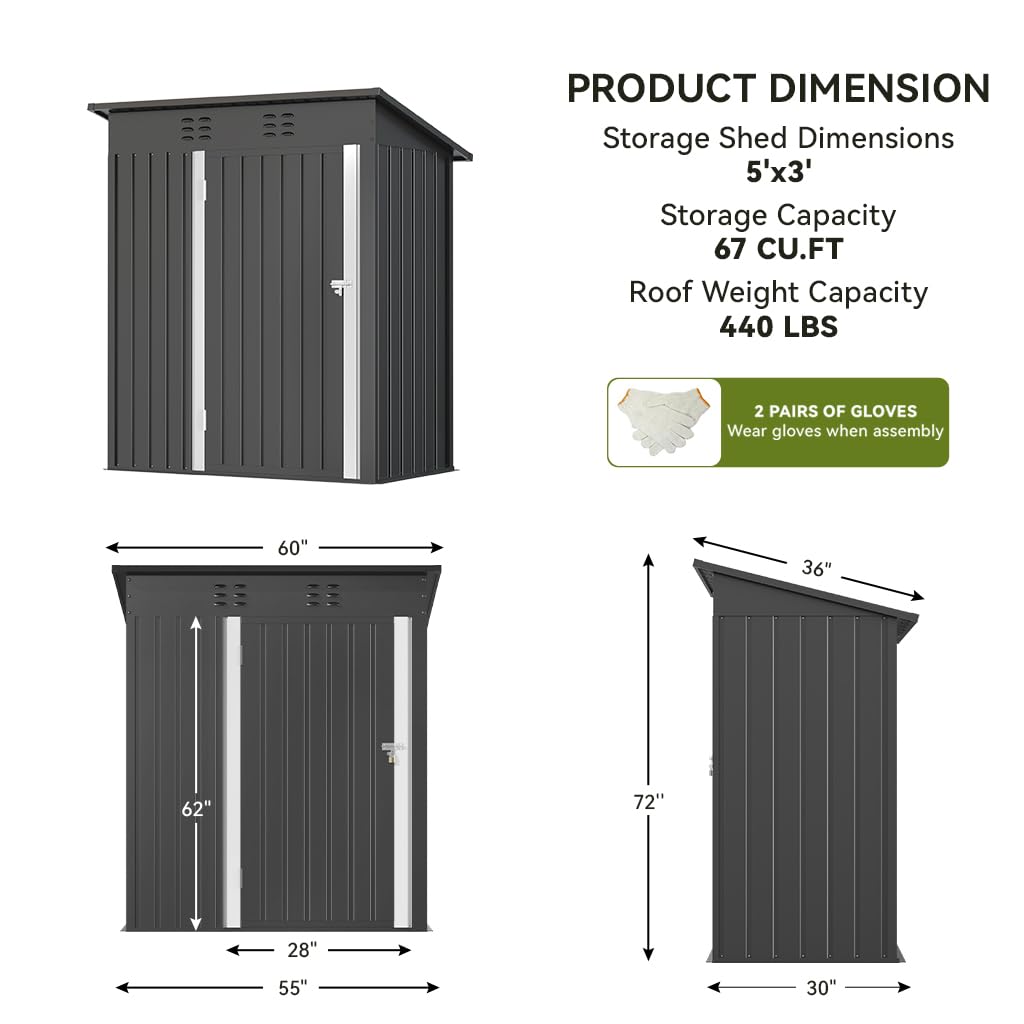 COMHOMA Shed Outdoor Storage Shed Metal,Lockable Doors Tool Sheds with Sloping Roof,Steel Garden Shed with Air Vent for Backyard,Patio,Lawn,Poolside(Grey,5'*3')