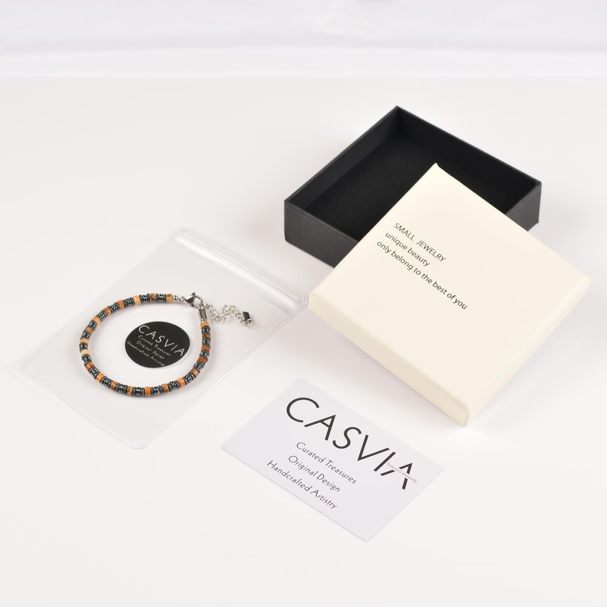 Casvia Picture Stone Beaded Bracelet for Men, Adjustable Hematite Stainless Steel Chain, Durable Mens Jewelry for Daily Wear, Ideal Gift for Father, Boyfriend, Husband