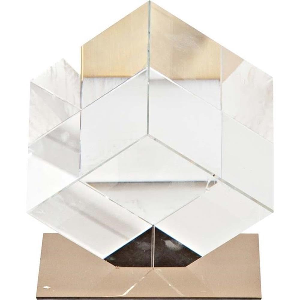 Pemberly Row Modern Clear Glass Sculpture, 5" L x 5" W x 6" H, Optical Glass with Gold Metal Base, Compact Accent Piece for Shelves, Desks or Centerpieces, Elegant Contemporary Home Decor