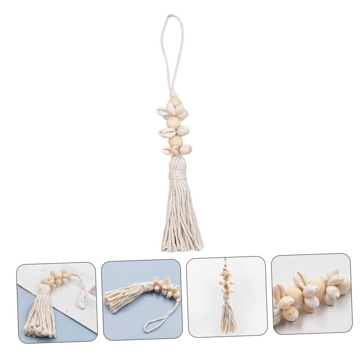 KONTONTY Boho Coastal Decor Wooden Beads String Pendant with Cotton Tassels and Seashells 9.84In Rustic Farmhouse Hanging for Wall Window Decoration