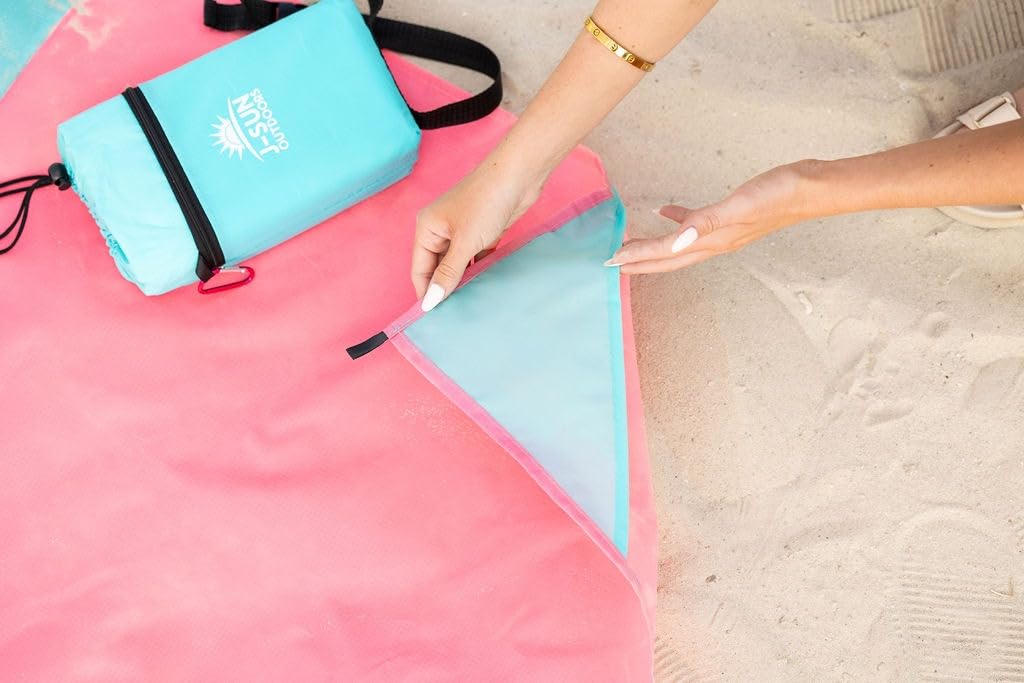 Beach Blanket Sandproof Waterproof, Extra Large Beach Mat, Oversized & Compact Sand Free, Quick Dry Beach Essentials for Vacation, Cruise, Picnic & Camping with Stakes & Extra Zippered Pockets