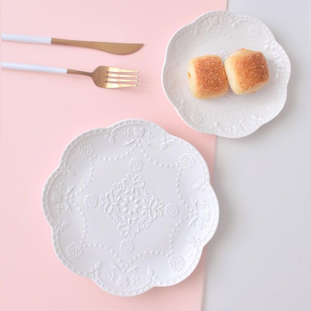 YBK Tech Elegant Round Embossed Lace Plate, Ceramic Serving Plate for Breakfast Afternoon Tea (White, 6-inch)