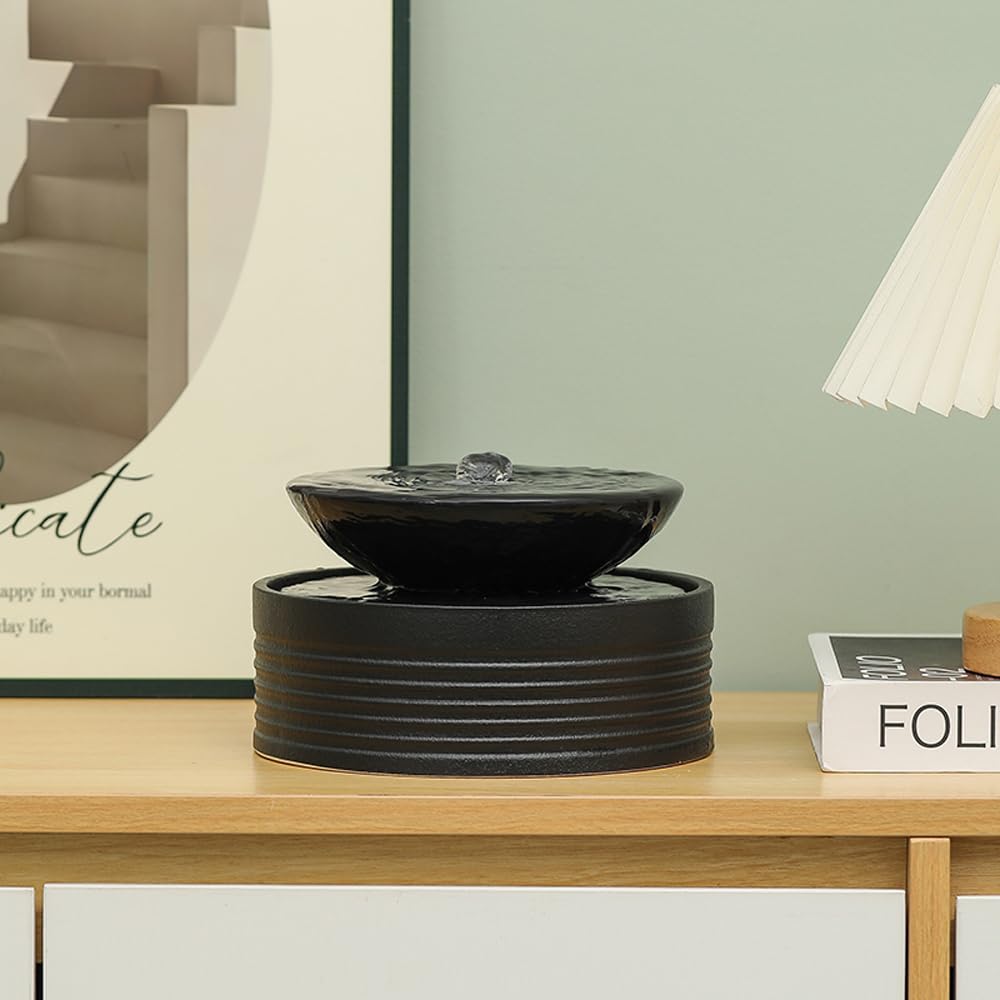 Outdoor and Indoor Ceramic Tabletop Desktop Fountain Water Feature Home and Office Decoration (Black A193)