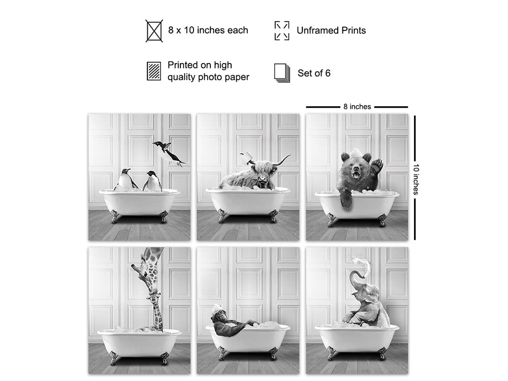 Cute Bathroom Wall Art & Decor - Funny Bathroom Decor for Women, Kids - Cow Elephant Bear Giraffe Penguin Wall Art Set - Bath Pictures - Bath Wall Decor - Accessories - Powder room Sign