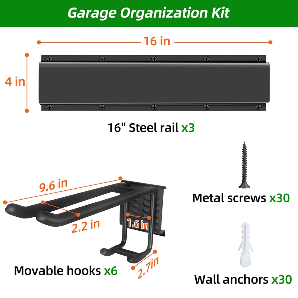 PIYILO Garage Tool Organizer Wall Mount with 48 inches Rails and 6 Double-layer Hooks, Garden Tool Rack Heavy Duty, Garage Hanging Storage Rack For Yard Tools, Shovel, Shed