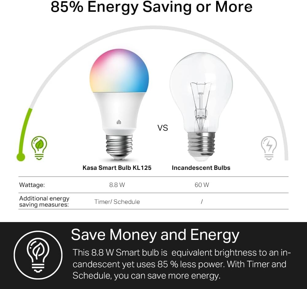 Kasa Smart Light Bulbs, Full Color Changing Dimmable Smart WiFi Bulbs Compatible with Alexa and Google Home, A19, 60 W 800 Lumens,2.4Ghz only, No Hub Required, 2-Pack (KL125P2), Multicolor