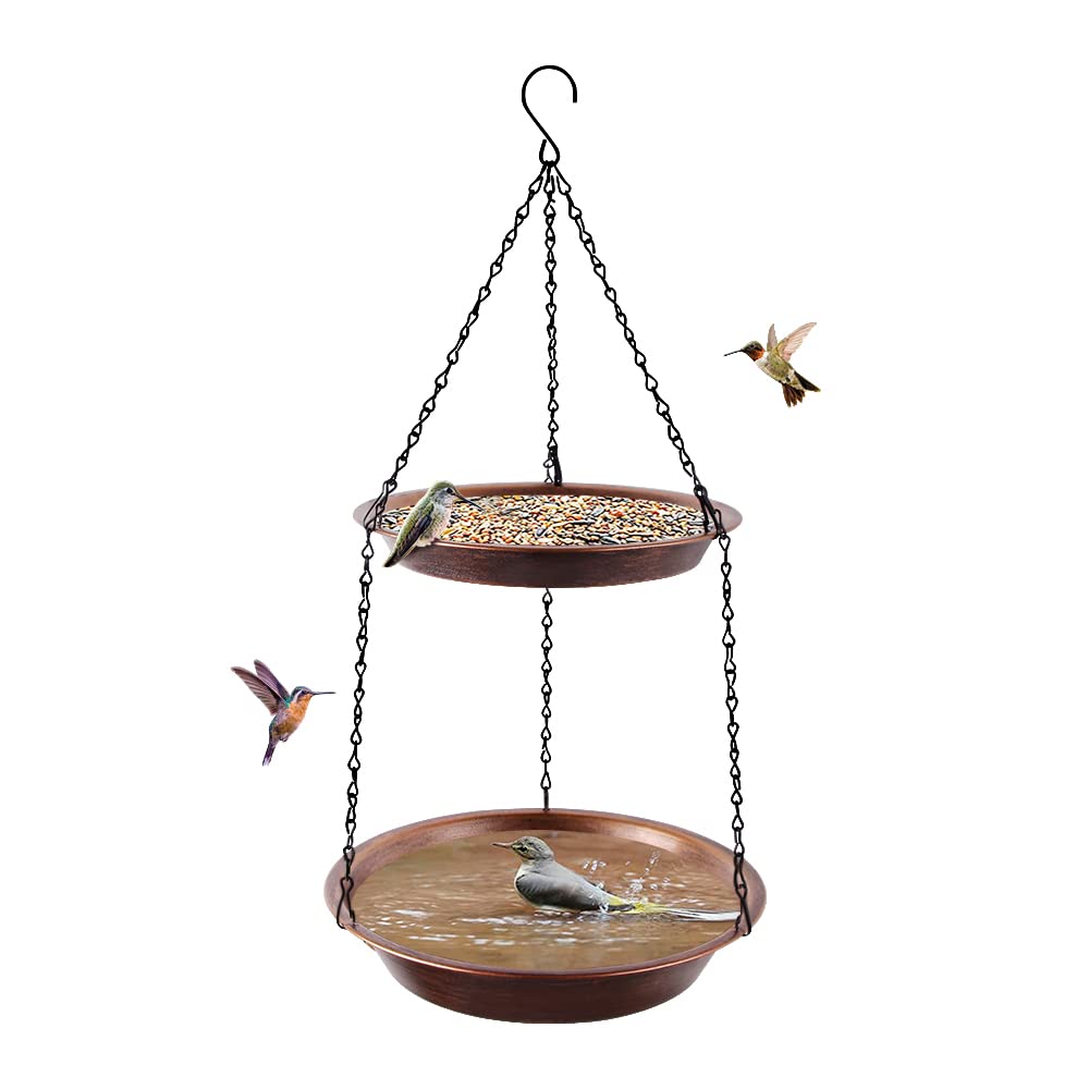 Keygift Hanging Bird Bath for Outdoor, 2-in-1 Antique Copper Metal Bird Feeder&Birdbath Bowls with 23" Rust-Proof Black Chains Backyard Birdbath Garden Decor