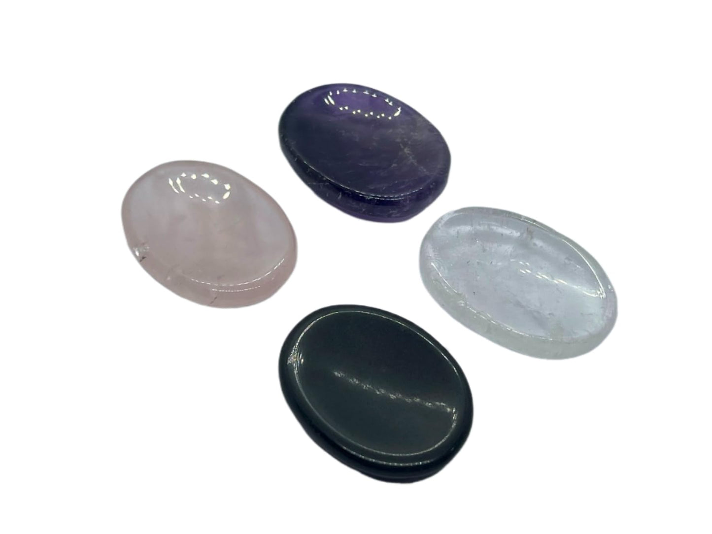 Set of 4 Pieces of Amethyst, Rose Quartz, Clear Quartz, Black Agate Thumb Worry Stones Metaphysical Gemstone Crystal Healing Reiki Men Women Gift Feng Shui Positive Energy