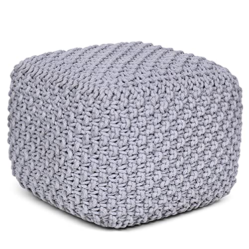BIRDROCK HOME Square Pouf Ottoman | Cotton Braided Foot Stool with Bean Bag Filling | Boho Foot Rest for Living Room, Bedroom | Compact & Comfortable Seating, Lightweight & Sturdy | Grey