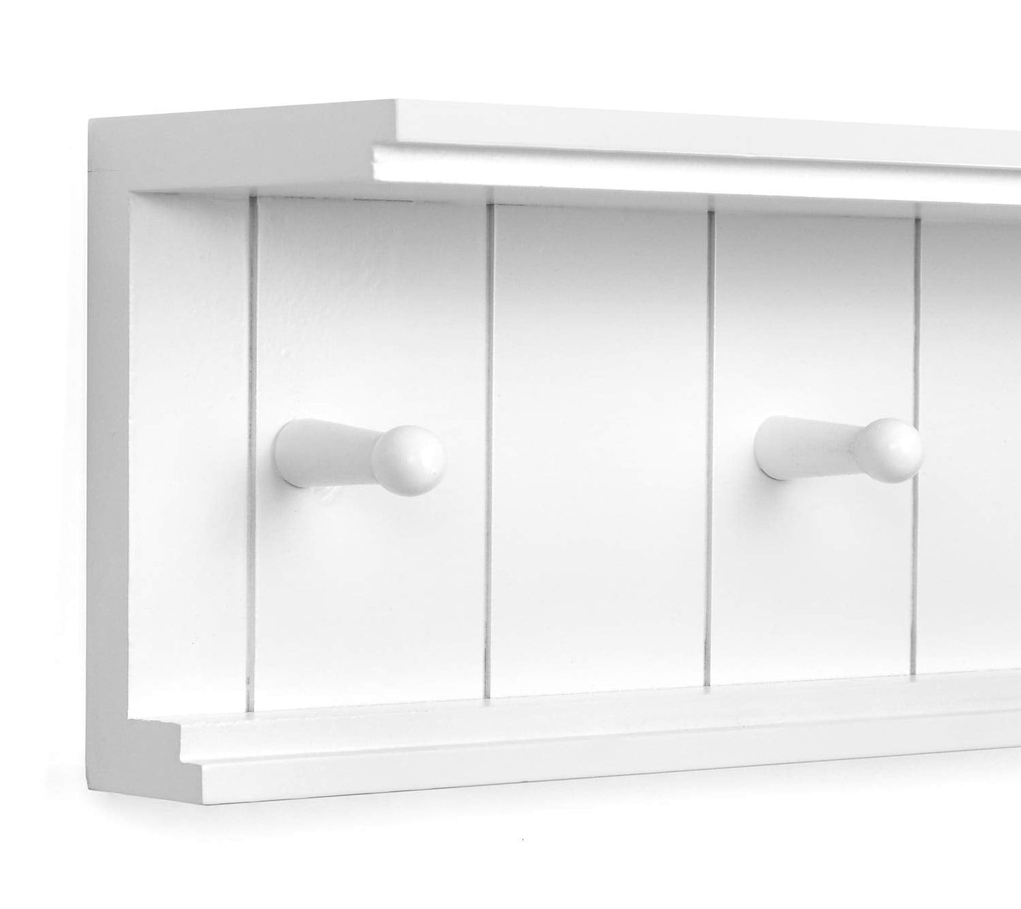 Greenco Entryway Wall Mounted Floating Shelf with Wooden Peg Style Hooks, Hat and Coat Hanging Storage Shelf, 24” – White