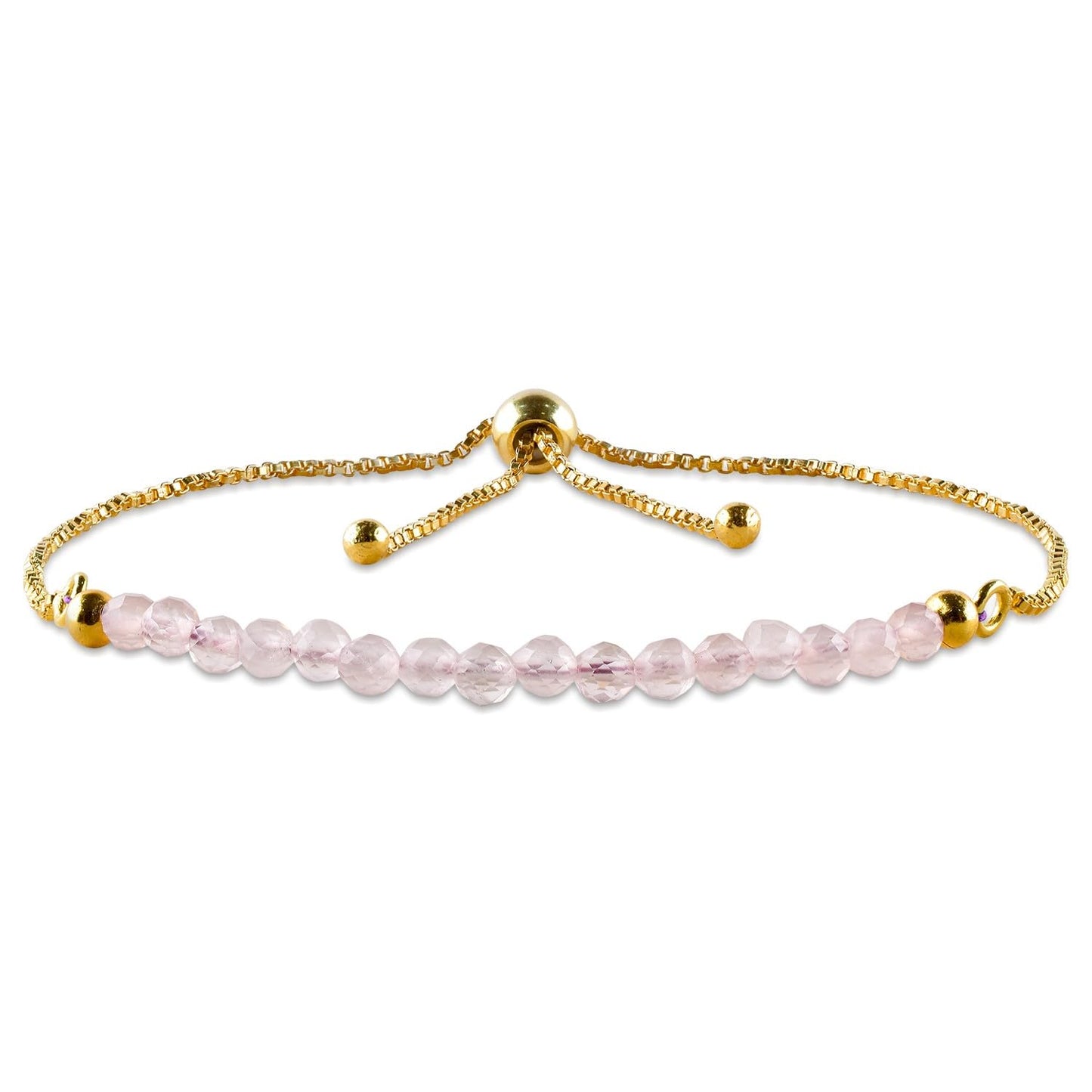 QNAVIC Natural Rose Quartz Gemstone Micro Beaded Dainty Slider Bolo Bracelet, Handmade Jewelry for women, Healing Chakra Crystals Birthstone Gift for Her, 14K Gold Plated Chain 6-9 inch