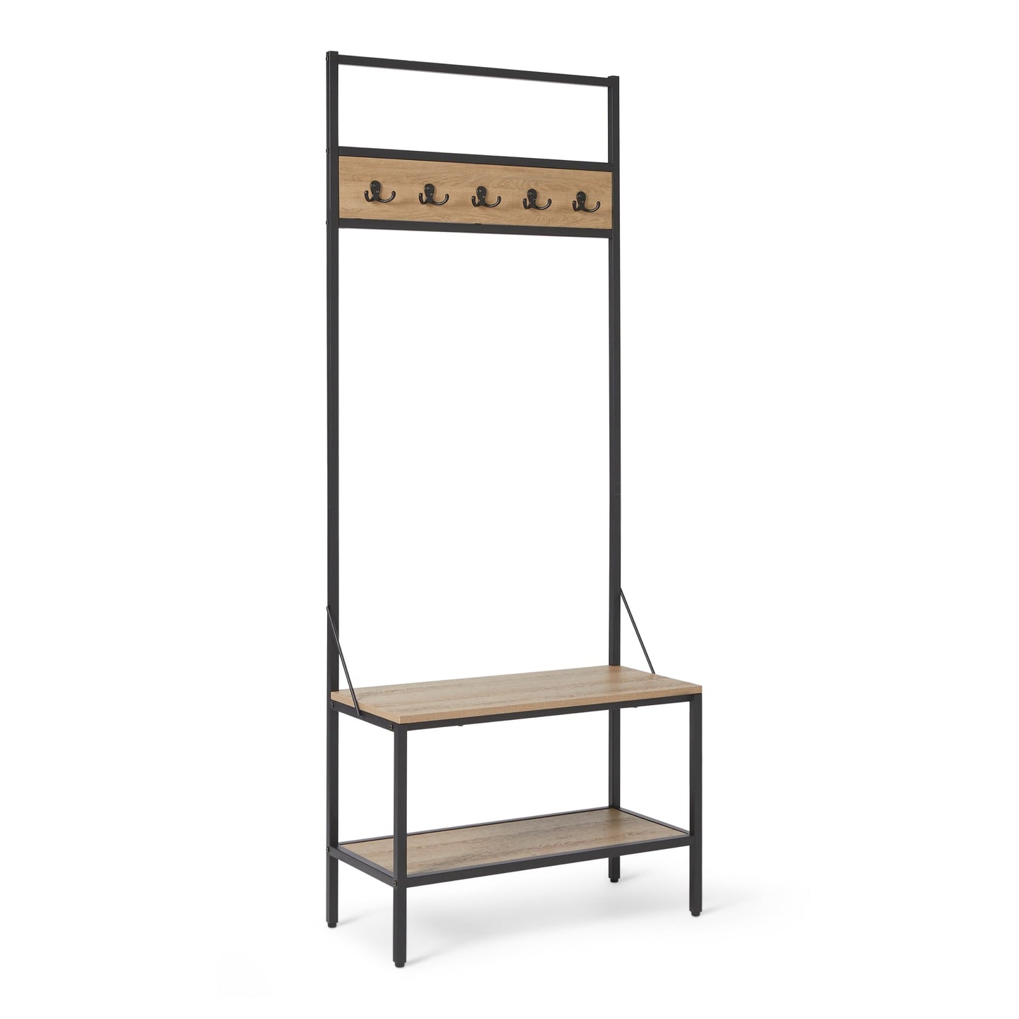 Amazon Basics Entry Bench with Hooks, Hall Tree with Shoe Storage, Steel Frame, Oak Finish