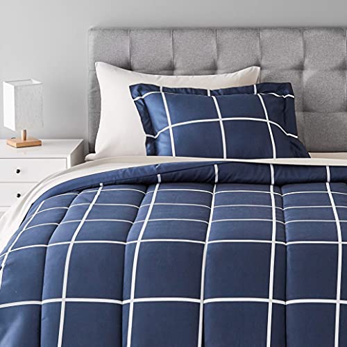 Amazon Basics 5-Piece Lightweight Microfiber Comforter Set with Sheets, Bed-in-a-Bag, Navy with Grey Plaid Bedding, Twin/Twin XL