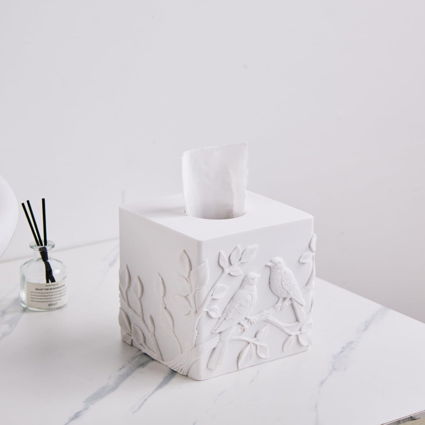 White Marble Relief Birds Square Tissue Box Cover Decorative,Resin Heavy Sturdy Tissue Box Holder, Facial Paper Holder for Bathroom Vanity Countertop, Bedroom Night Stand,Office and End Table