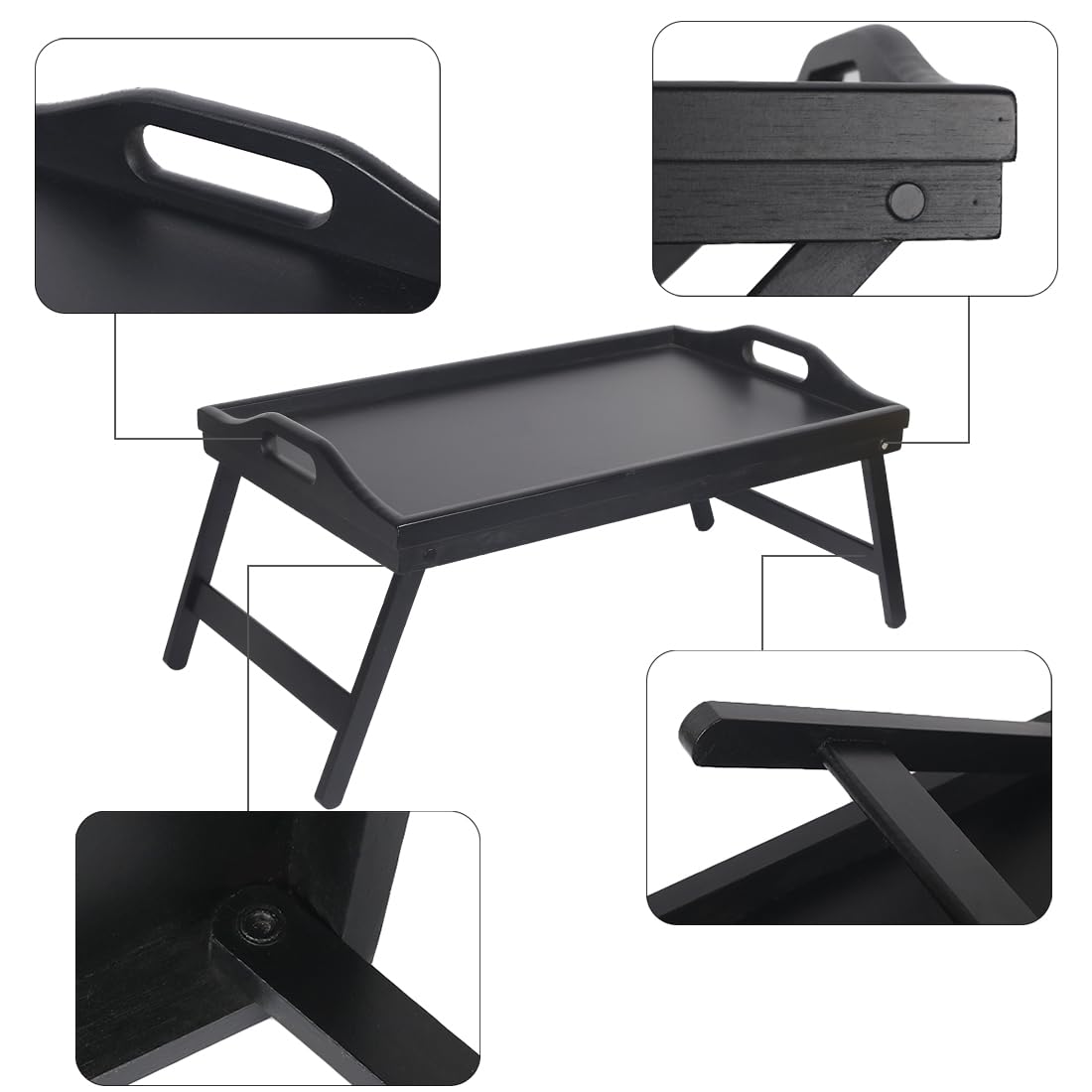 Jibanie Multi-Purpose Bamboo Wood Lap Desk - Folding Legs, Breakfast Food Tray, Serving Dinner Tea TV Tray - Lightweight, Minimalist Black