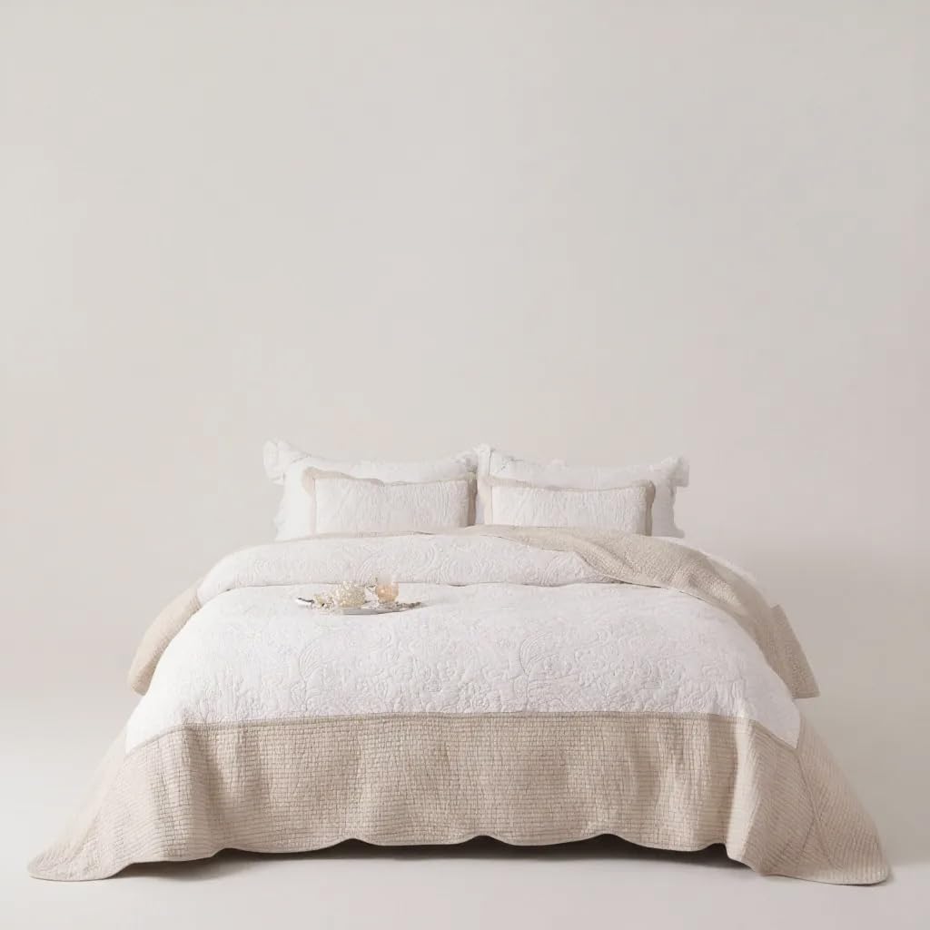 BOV Queen Quilt Bedding Set - Cotton Full Size Quilt Set with 2 Pillow Shams, Lightweight Bedspread Coverlet Queen Size Quilts for Bed Set, All Season Floral Embroidery 96"X92" Light Beige Ivory