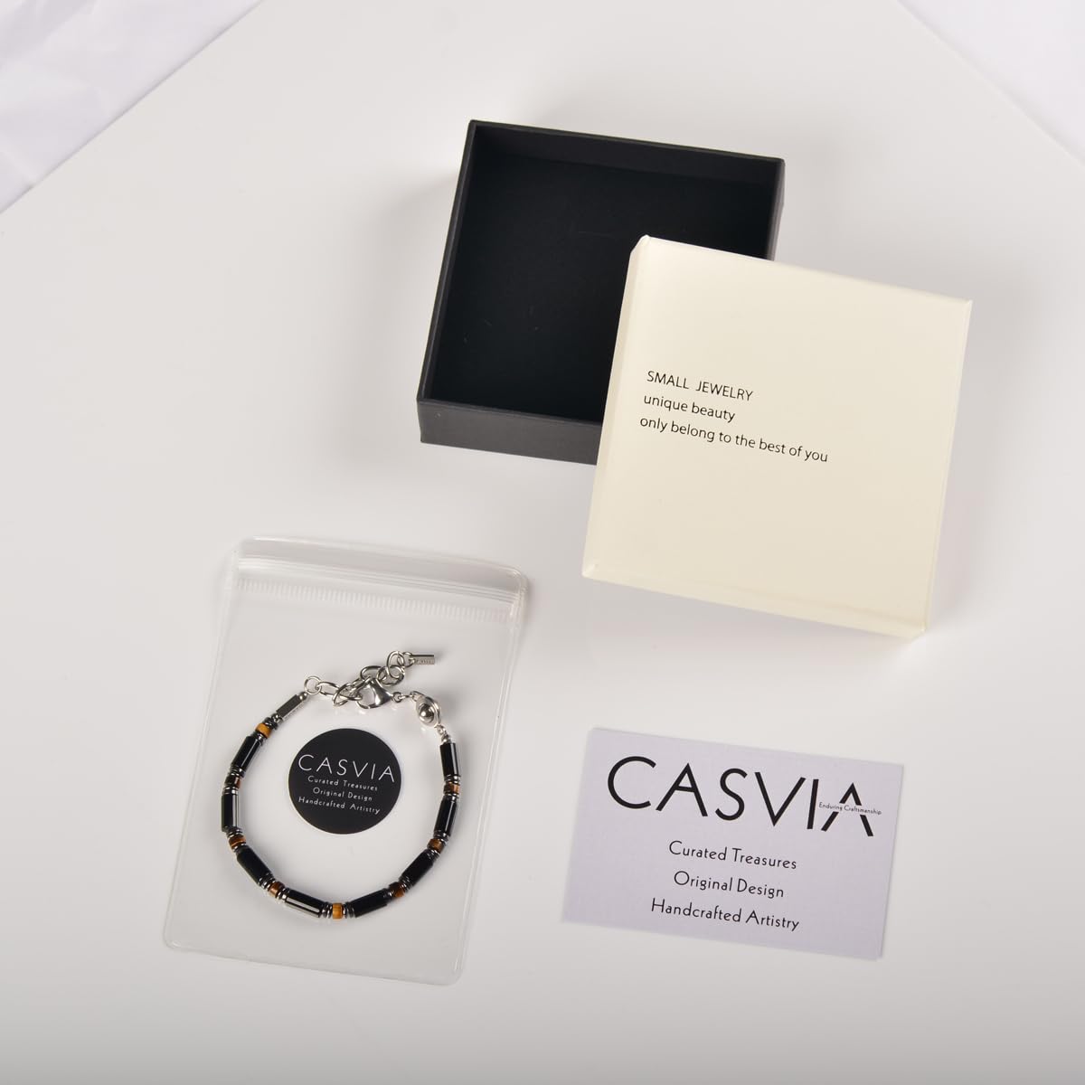 Casvia Men's Black Onyx Hematite Tiger Eye Chakra Beaded Gemstone Bracelet, Handmade Adjustable Dual Clasp 6.89-8.8 Inches, Comfort Fit Everyday Wear, Ideal Gift for Him