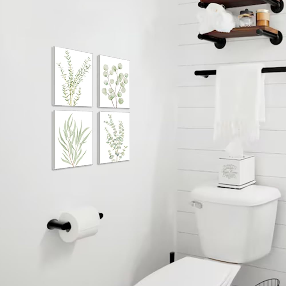 Erctoo Botanical Plant Canvas Wall Art, Framed Boho Wall Decor for Bathroom, Minimalist Aesthetic Bedroom Wall Art, Sage Green Eucalyptus Leaf Prints for Office, Set of 4PCS, 8”X10”