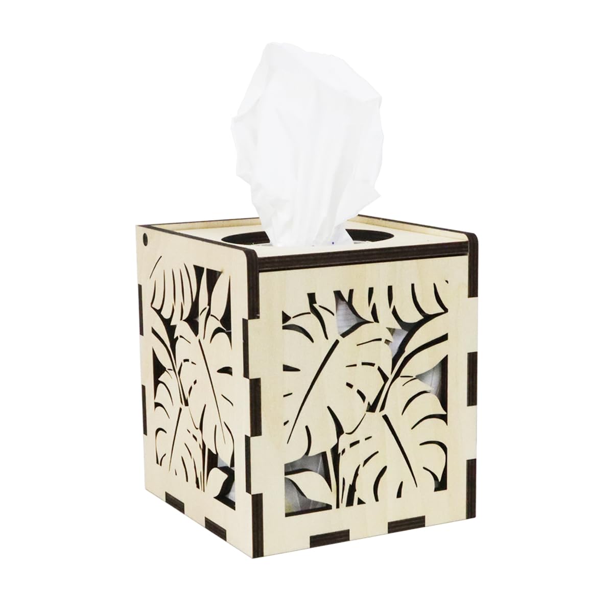 Wooden Tissue Box Cover Square,Laser Cut Decorative Cube Tissue Box Holder for Farmhouse Decor (Leaf -Pattern)