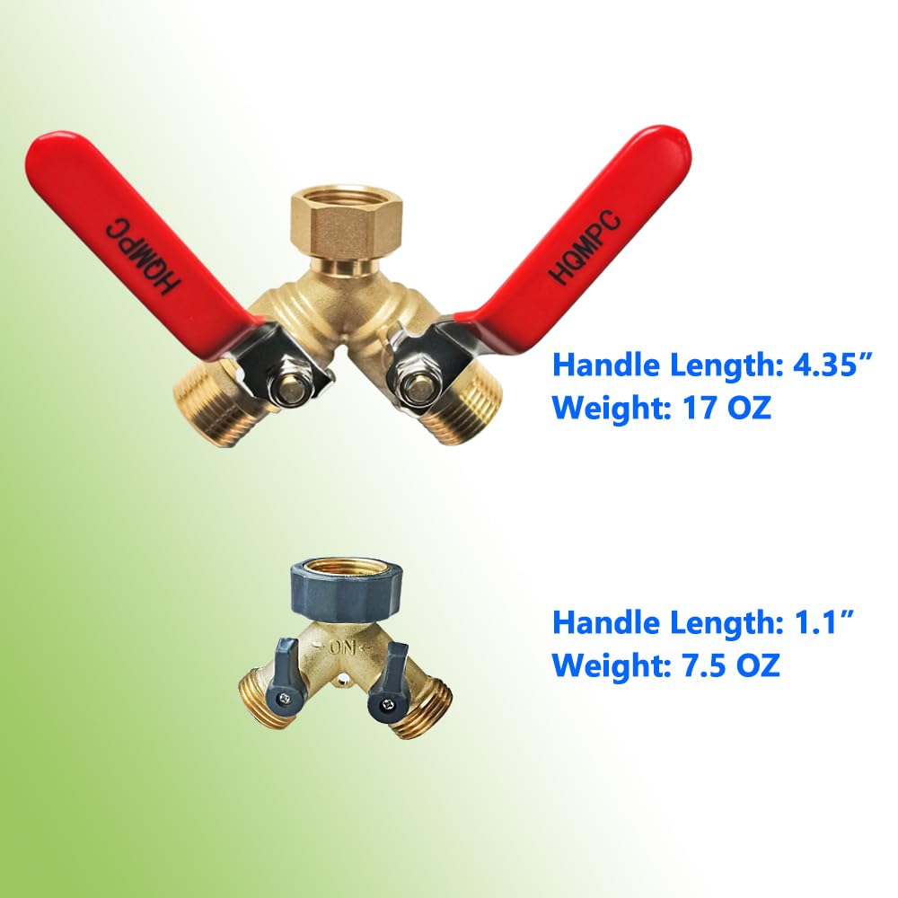 HQMPC Garden Hose Y Valve Splitter With Stainless Steel Long Handle - Brass 2 Way Water Adapter, 3/4" GHT Thread