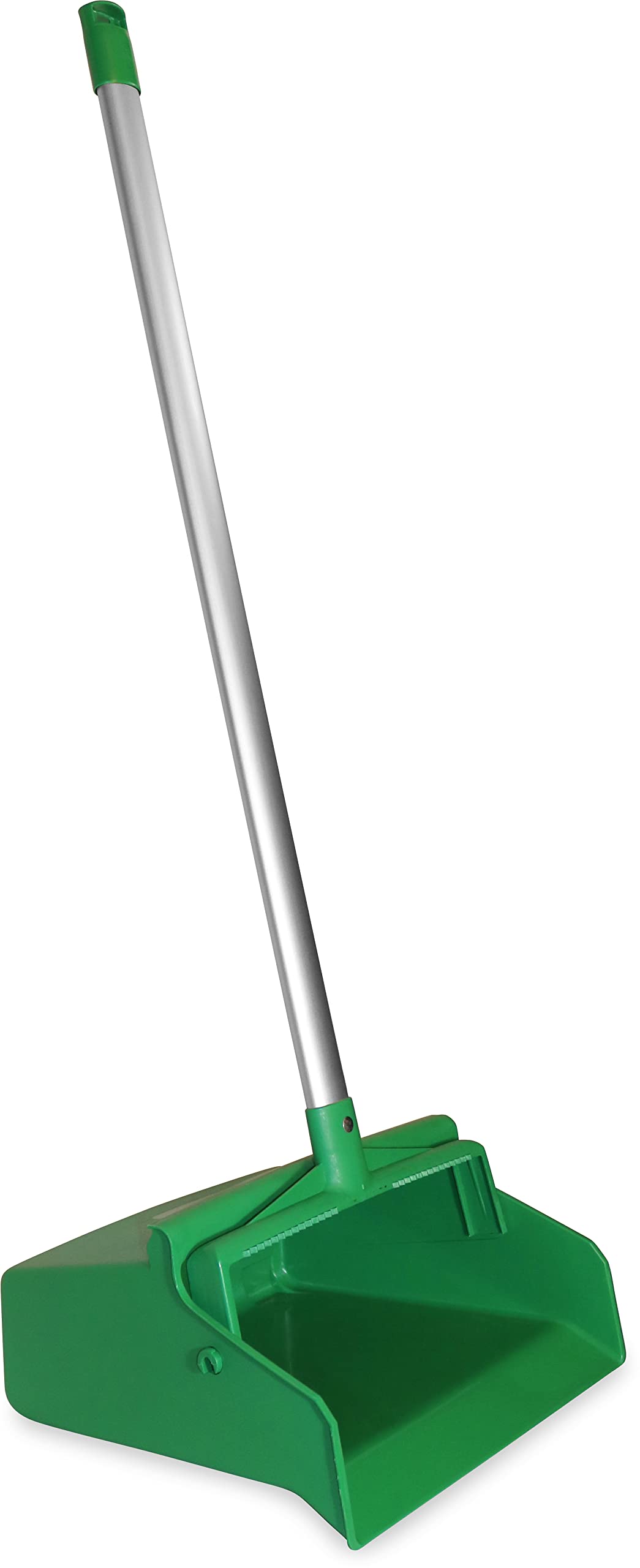 SPARTA Upright Dustpan with Aluminum Handle, Serrated Edge for Broom Combing, Secure Yoke Lock with Easy Storage Hanging Hole for Commercial Cleaning, Plastic, 30 Inches, Green