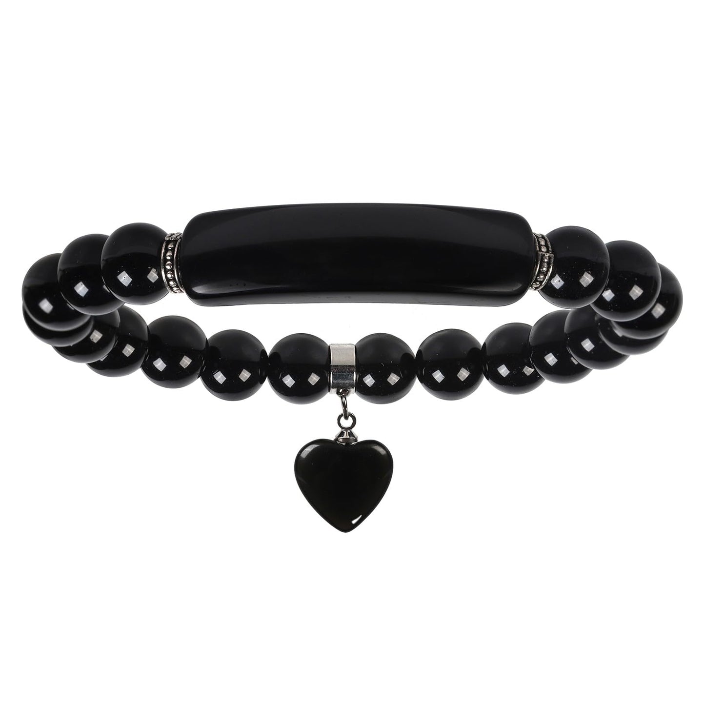 TUMBEELLUWA Healing Stone Bracelet 8mm Beads Chakra Crystal Energy Heart Charm Bracelet Handmade Jewelry for Women, Black Obsidian