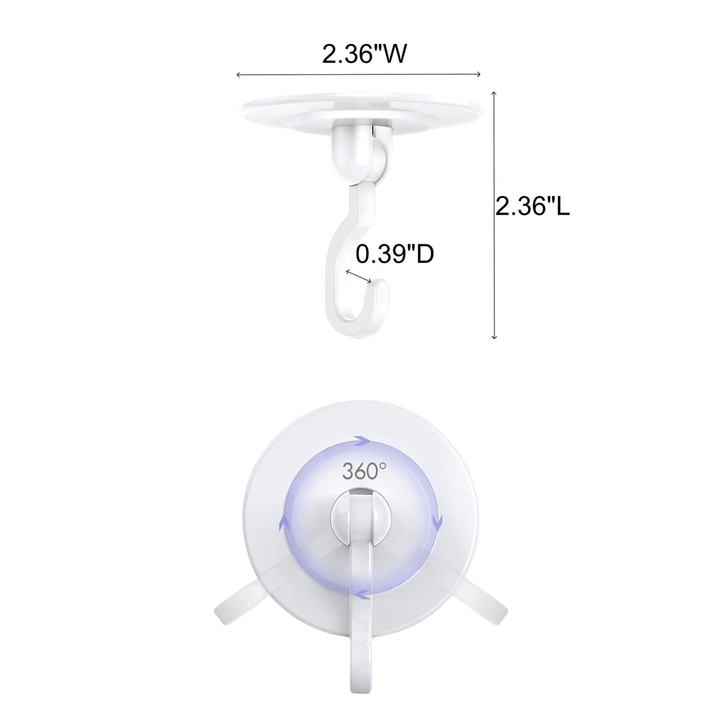 Adhesive Wall & Ceiling Decor Hooks: 4-Pack 3 lbs Heavy Duty No-Drill 360° Swivel Adjustable for Hanging Home Accents Lights Plants Wind Chimes Compatible with 3M Command Strips