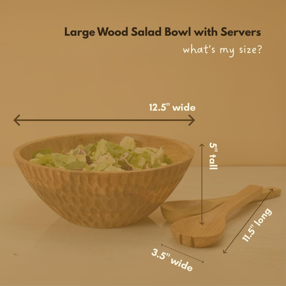 Salad Bowl with Servers, Wooden Bowl, 12.5" Wide