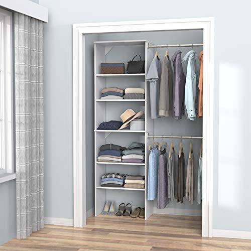 ClosetMaid SuiteSymphony Wood Closet Organizer System, 25-Inch Starter Kit with Tower and 3 Hang Rods and Shelving, Adjustable Shelves, Customizable Insert, Reach-in or Walk-in Closets, Pure White