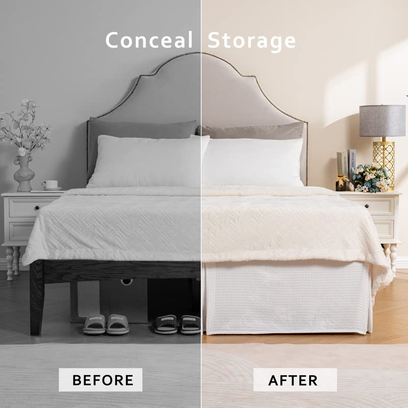 MIYE Pleated Waffle Weave Bed Skirt, Tailored Dust Ruffle 16 Inch Drop Easy Fit, Machine Washable, No Split Corners (White, King - 16" Drop)
