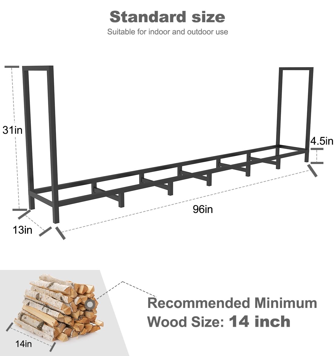 BALIE SPACE 8ft Outdoor Firewood Rack Holder with 14 Support Legs for Fire Wood Pile Storage, Adjustable Heavy Duty Log Stacker Stand Organizer, Black