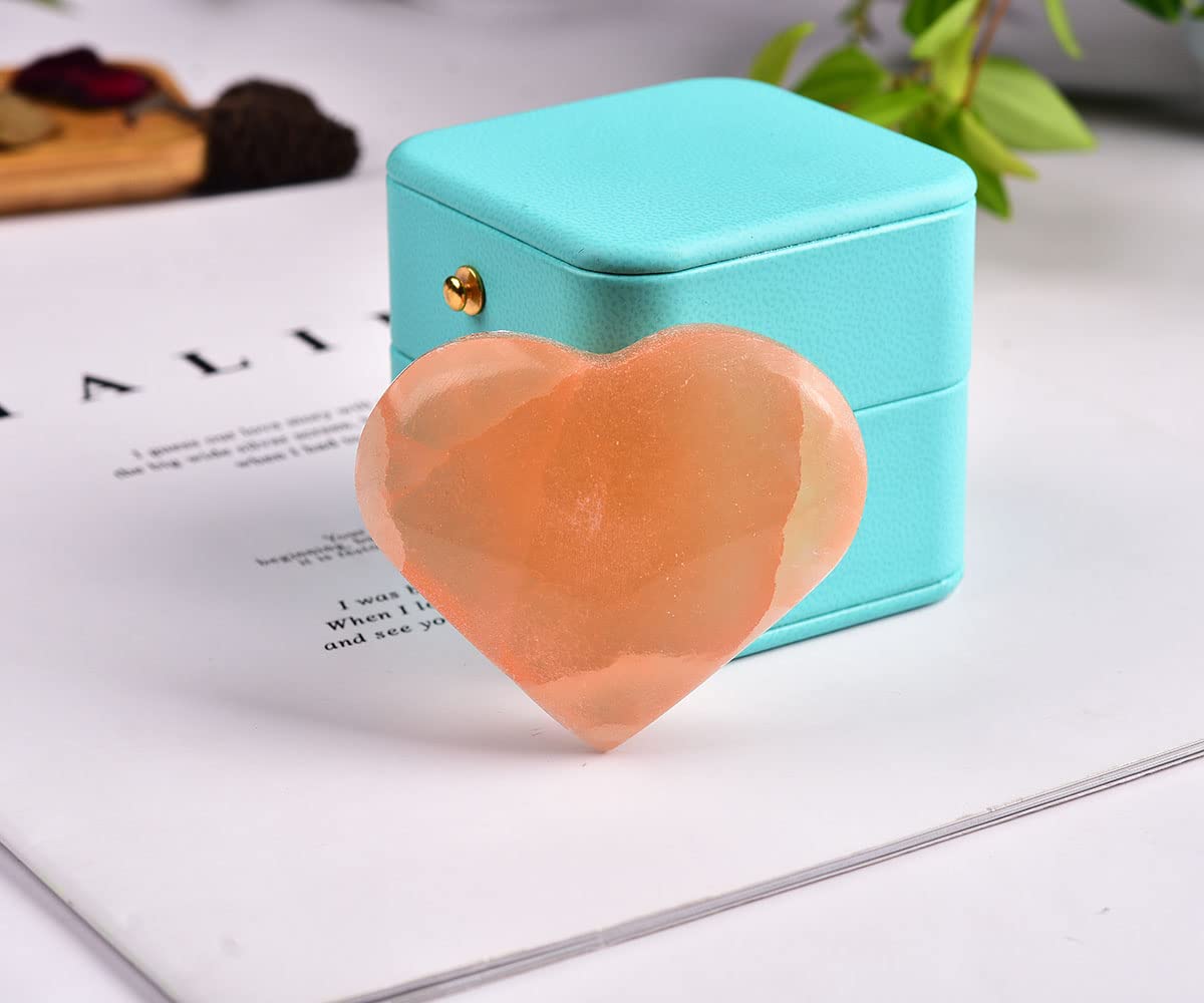 JIC Gem 2 Inch(60mm) Orange Selenite Crystal Stone Heart Palm Worry Stone Healing Crystals Gemstone with Free Display Holder and Gift Box Home Decoration