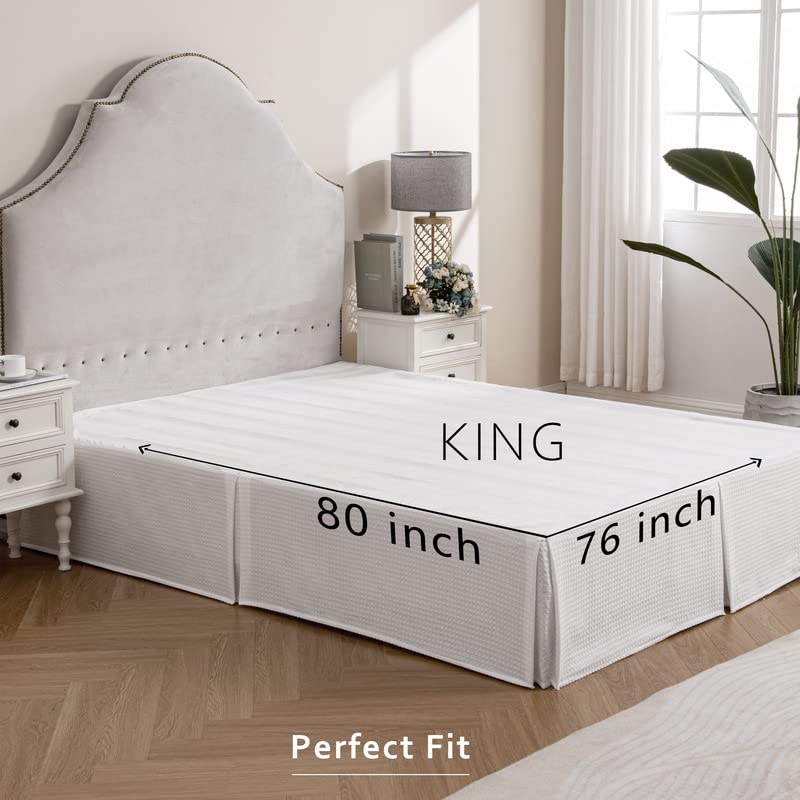 MIYE Pleated Waffle Weave Bed Skirt, Tailored Dust Ruffle 16 Inch Drop Easy Fit, Machine Washable, No Split Corners (White, King - 16" Drop)