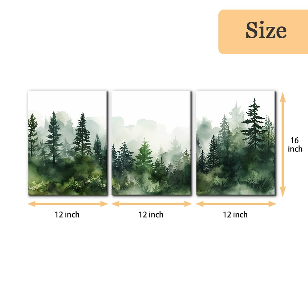Pacimo 3 Pieces Canvas Wall Art Print Misty Forest Green Nature Mountain Painting Wall Decor for Living Room Home Decoration Natural Landscape Gallery Wrapped Posters and Prints - 12"x16"x3