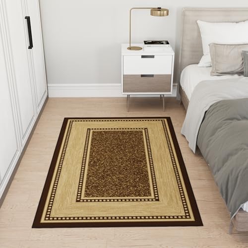 Ottomanson Area Rug 3'3" x 5' – Non Slip Rubber Backed Indoor Rug, Low Pile Accent Rug for Living Room, Bedroom, Entryway, Kitchen, Durable Floor Carpet, Border Dark Brown
