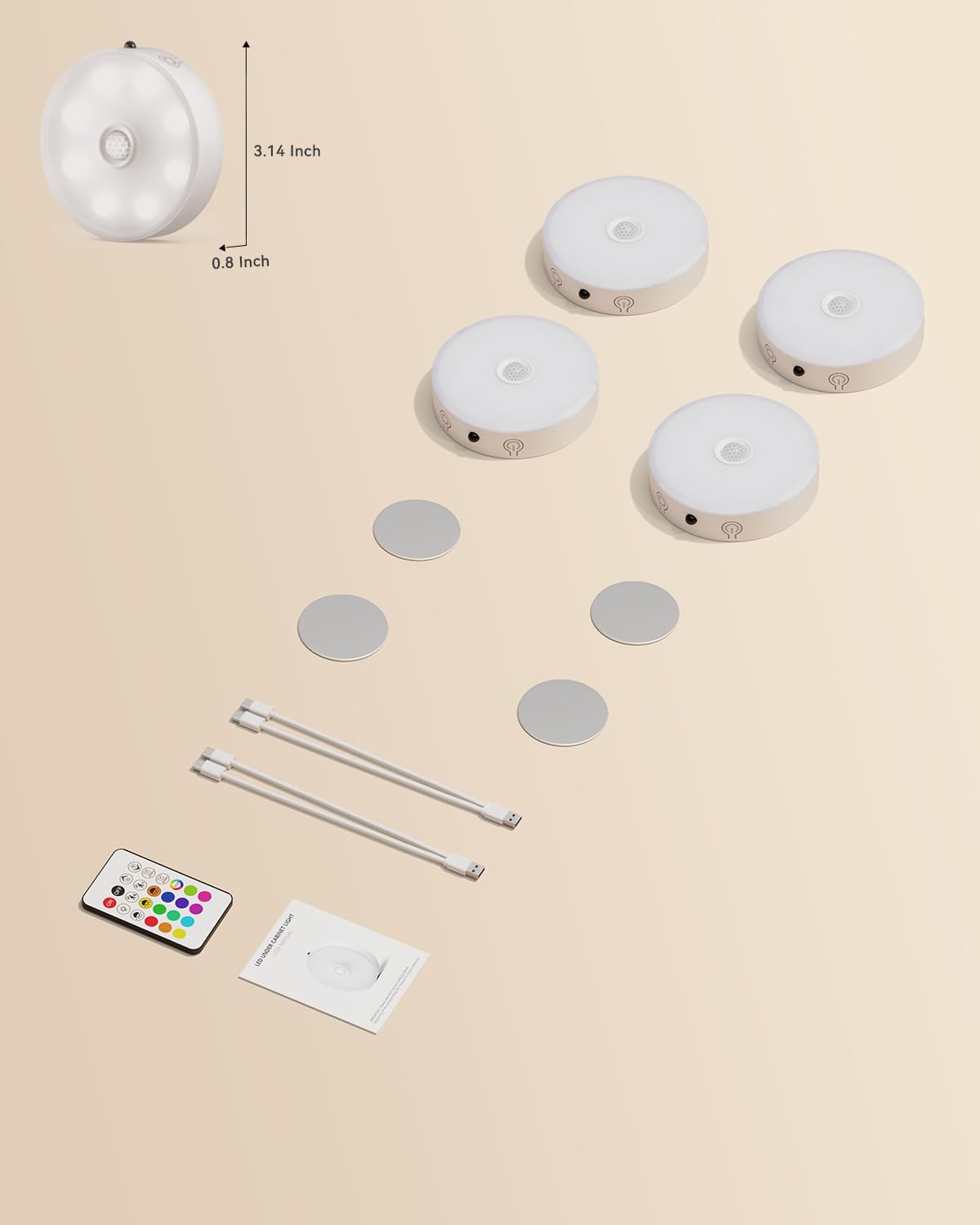 LENOMA Puck Lights with Remote, Rechargeable Under Cabinet Lighting, 3 Color Temps, 12 RGB Color LED Motion Sensor Lights Wireless, Dimmable Tap Lights for Closet, Kitchen, Shelf, Stair, 4 Pack