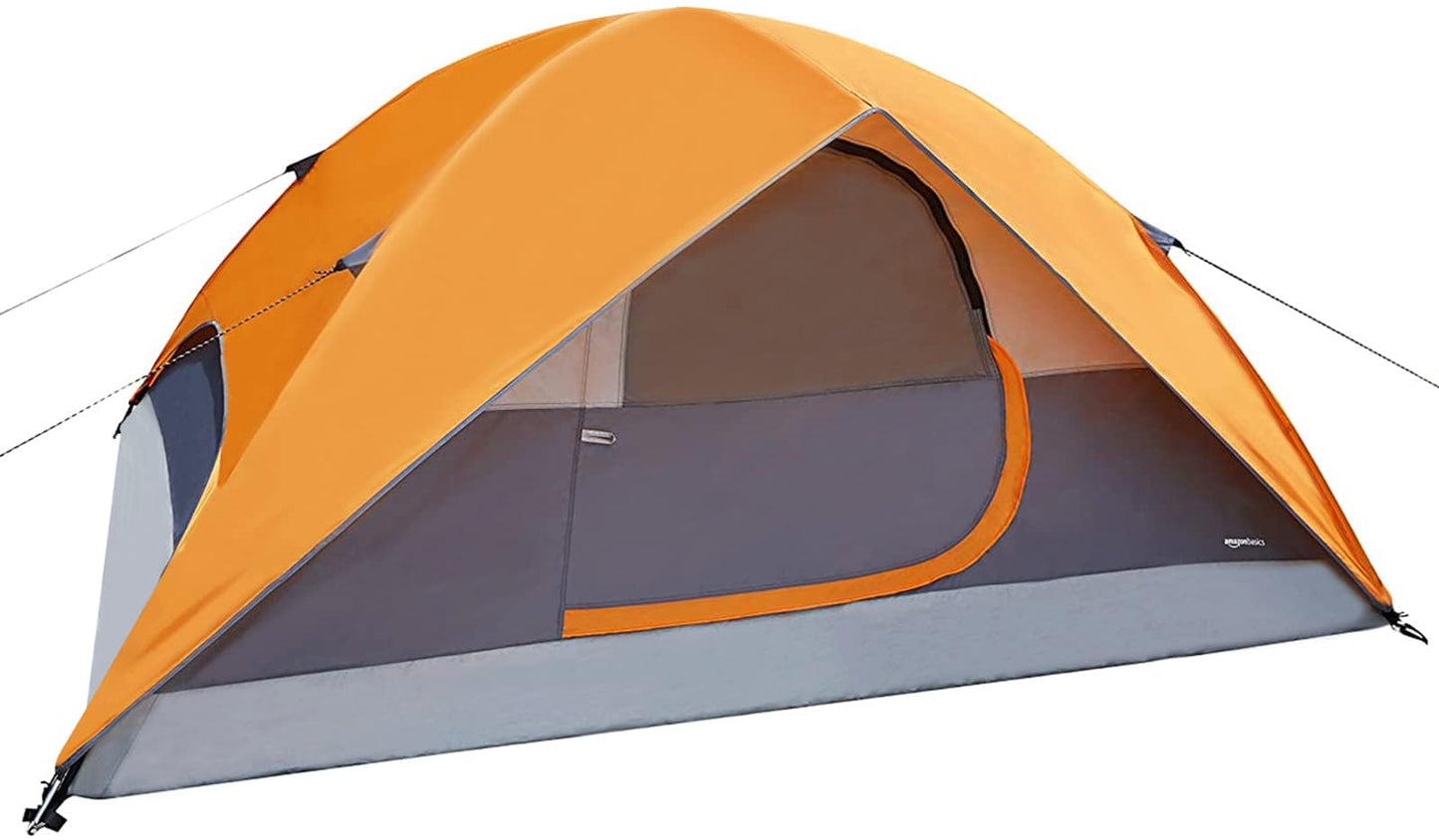 Amazon Basics 4-Person Camping Tent with Quick Setup, Spacious Interior, Ventilation Design, 3-Season Dome Design with Rainfly, Orange/Grey