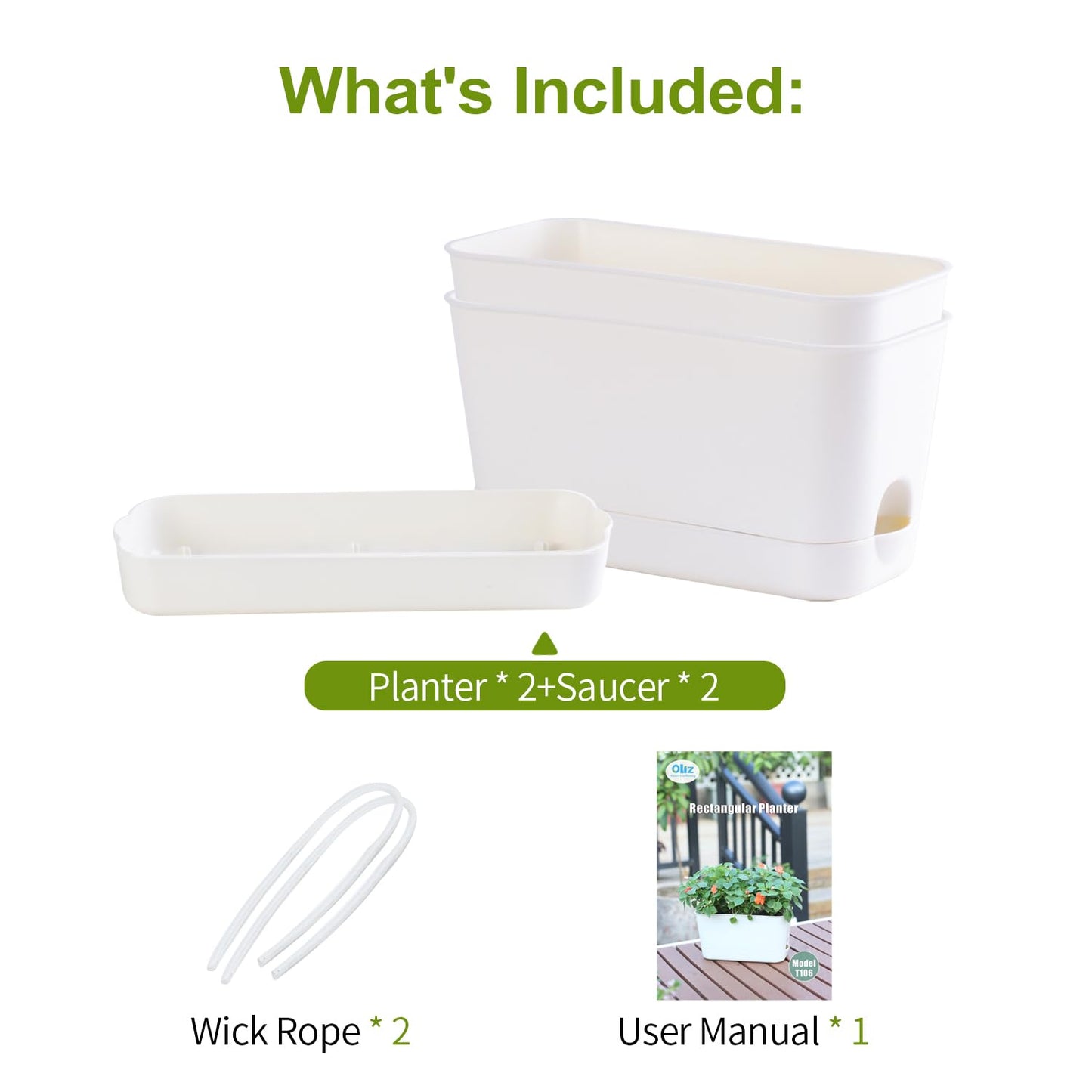 Oliz Self Watering Planters: 2 Packs Rectangular Plant Pots with with Drainage and Tray, 10 Inch Window Pot Self Watering Planter for Herb, Houseplants