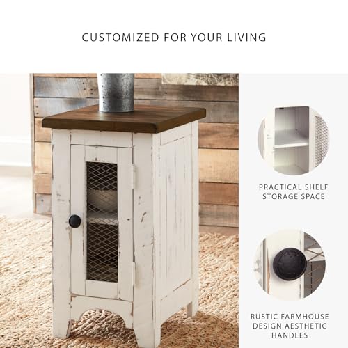 Signature Design by Ashley Wystfield Farmhouse Chair Side End Table with Cabinet Door for Storage, White & Brown with Distressed Finish