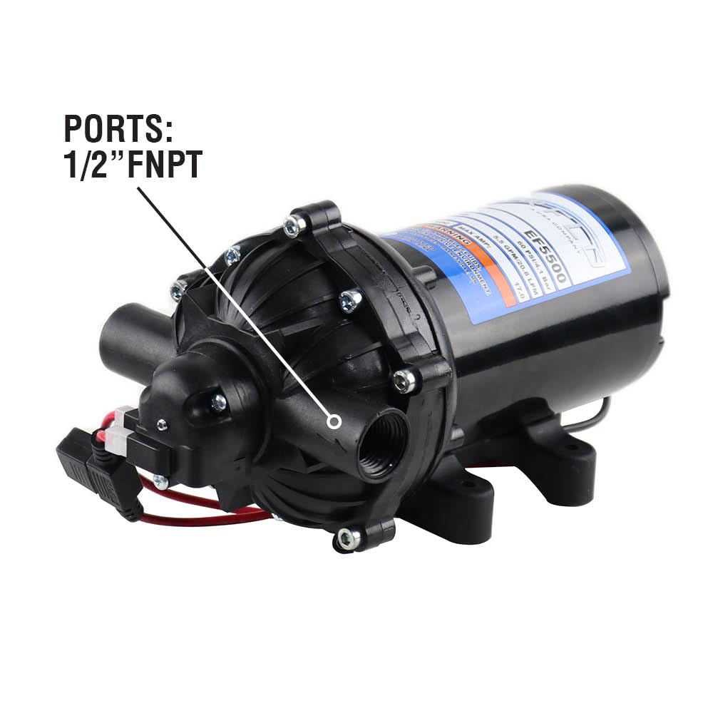 Everflo EF5500-BOX 5.5GPM 12V Diaphragm Pump-1/2 FNPT Connection, 5.5 GPM, Black