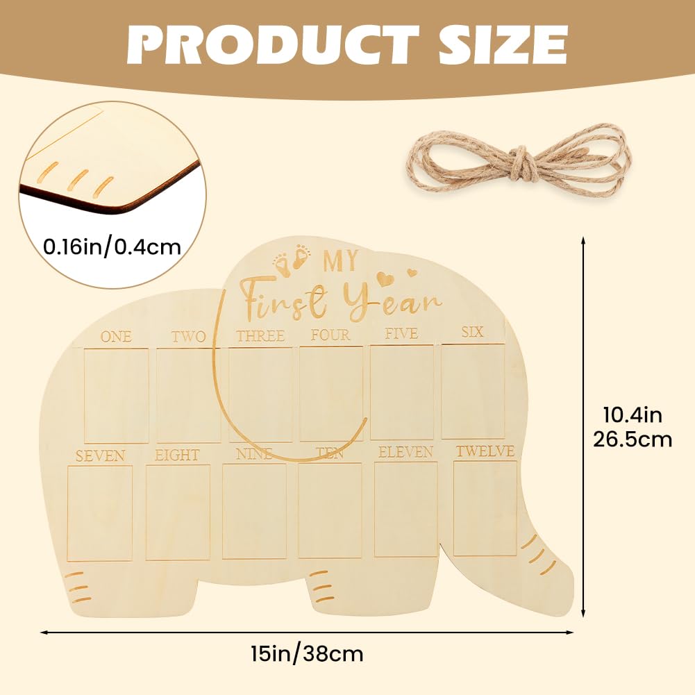 XIHUADOU My First Year Picture Frame – One-Year Photo Board for Baby, 12-Month Collage Keepsake with Stand, Gender Neutral Design for Baby Showers, New Mom Gifts & Nursery Decor (Elephant Sign)