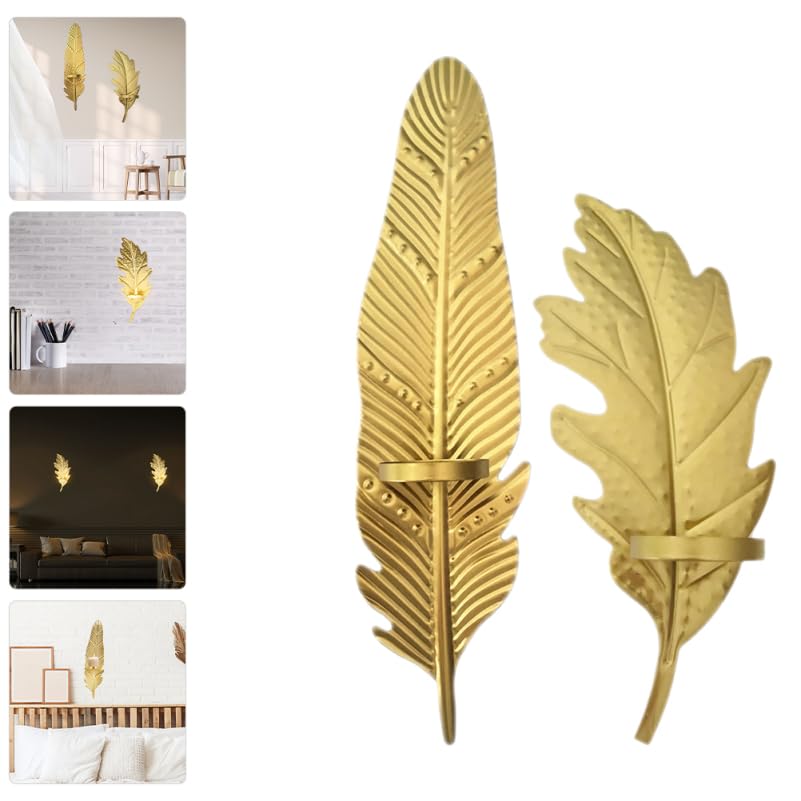PRETYZOOM Metal Leaf Candle Holder Set of 2 Wall-Mounted Decorative Candlesticks for Home Bedroom Living Room Office Party D Cor 13.93X3.38X1.96In
