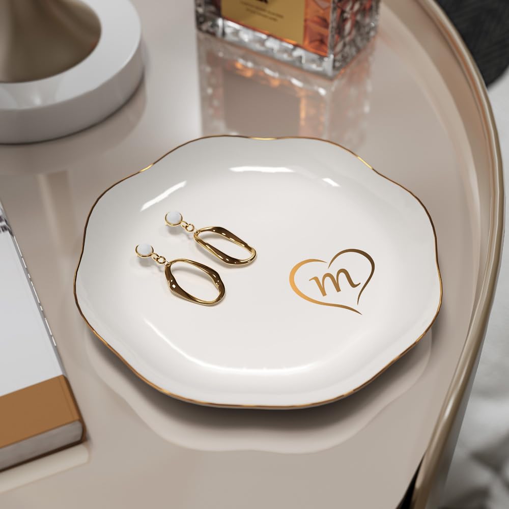 ERSHIXUN Gifts for Women – Initials Ceramic Jewelry Dish for Earrings, Necklaces, Bracelets, Rings, Watch, and Keys – Mother’s Day, Christmas, and Birthday Gifts for Women (m)