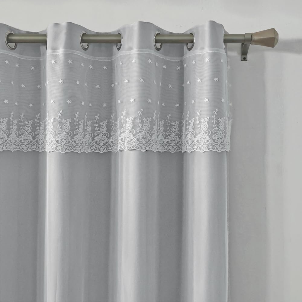 Amidoudou 1 Pair European Double Layer Curtains Luxury Flower Embroidered Curtains for Living Room Bedroom (Grey,52x90 Inch)