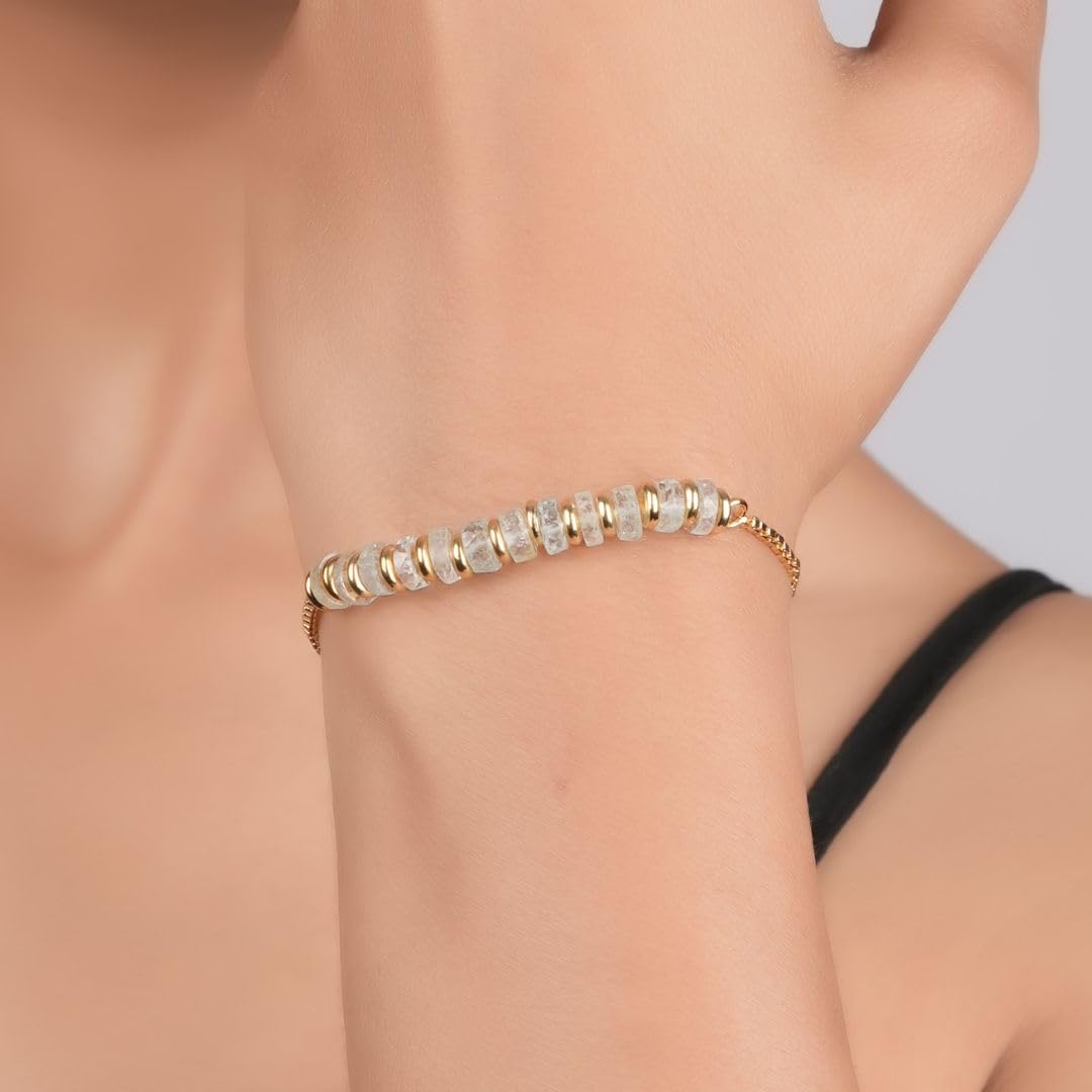 Gempires Blue Opal Beaded Bracelet October Birthstone Crystal Jewelry Hypoallergenic 6-8 Inch Gold Plated Lightweight Slider Bracelets For Women