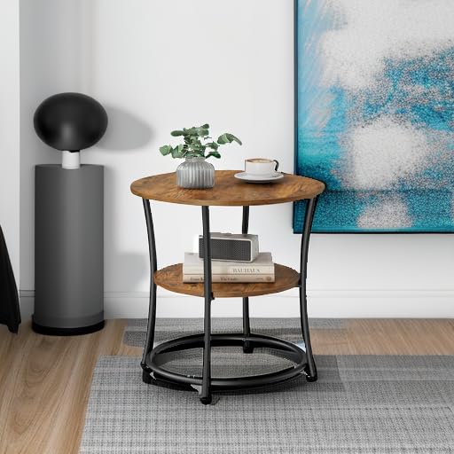 VASAGLE 21.7-Inch Round Side Table, 2-Tier End Table, Nightstand with Steel Frame, Spacious Top, for Small Spaces, Living Room, Bedroom, Rustic Brown and Ink Black ULET56BX