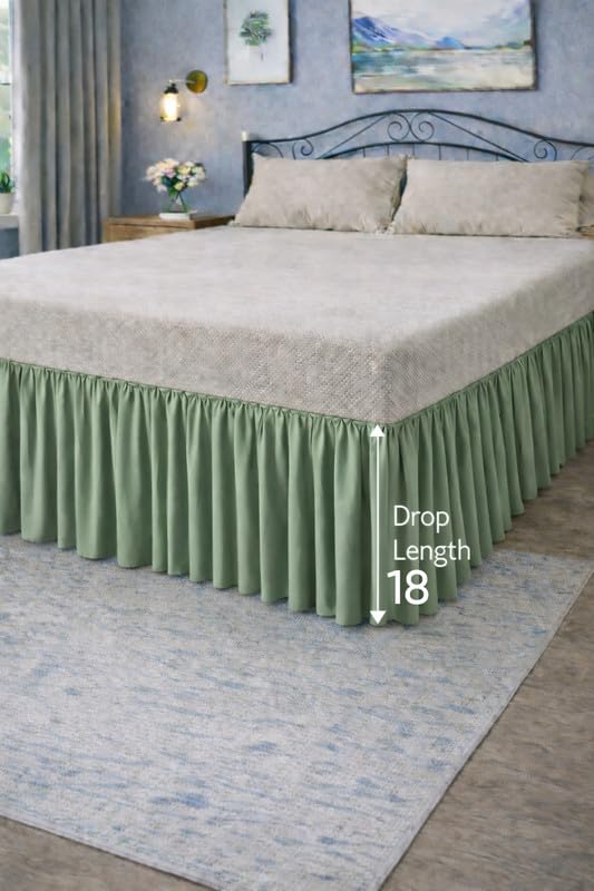Drona Bedding 100% Cotton Ruffle Bed Skirt Deep Pocket Drop 18 Soft Gathered Farmhouse Style, Classic Tailored Finish, Machine Washable Easy Care - King 76X80-Sage