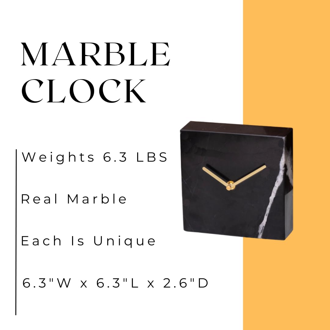 AD Furnishes Solid Marble Modern Mantle Clock, Minimalist Clock - Sleek Marble Fireplace Decor with Unique Streaks, Square Analog Design for Decorations in Living Room and Mantel Decoration Fireplace