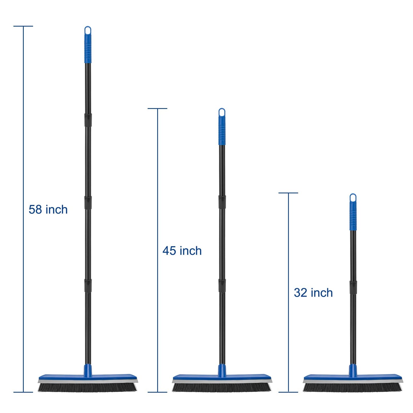 16 Inch 2-in-1 Squeegee Push Broom Outdoor Deck Brush 58" Long Handle for Patio Garage Warehouse Driveway Concrete Floor Cleaning Scrubbing(Blue)